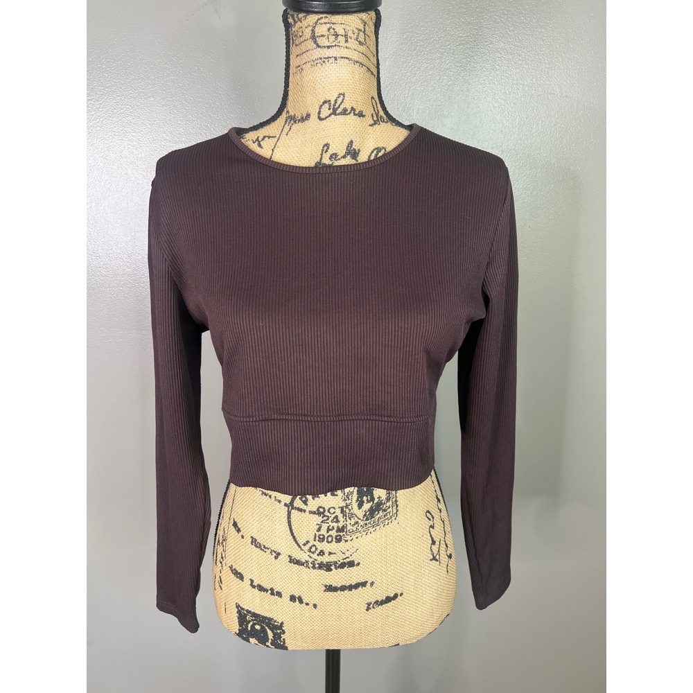 HM‎ Divided Ribbed Long Sleeve Crop Top Dark Brown XL Crew Neck Basic